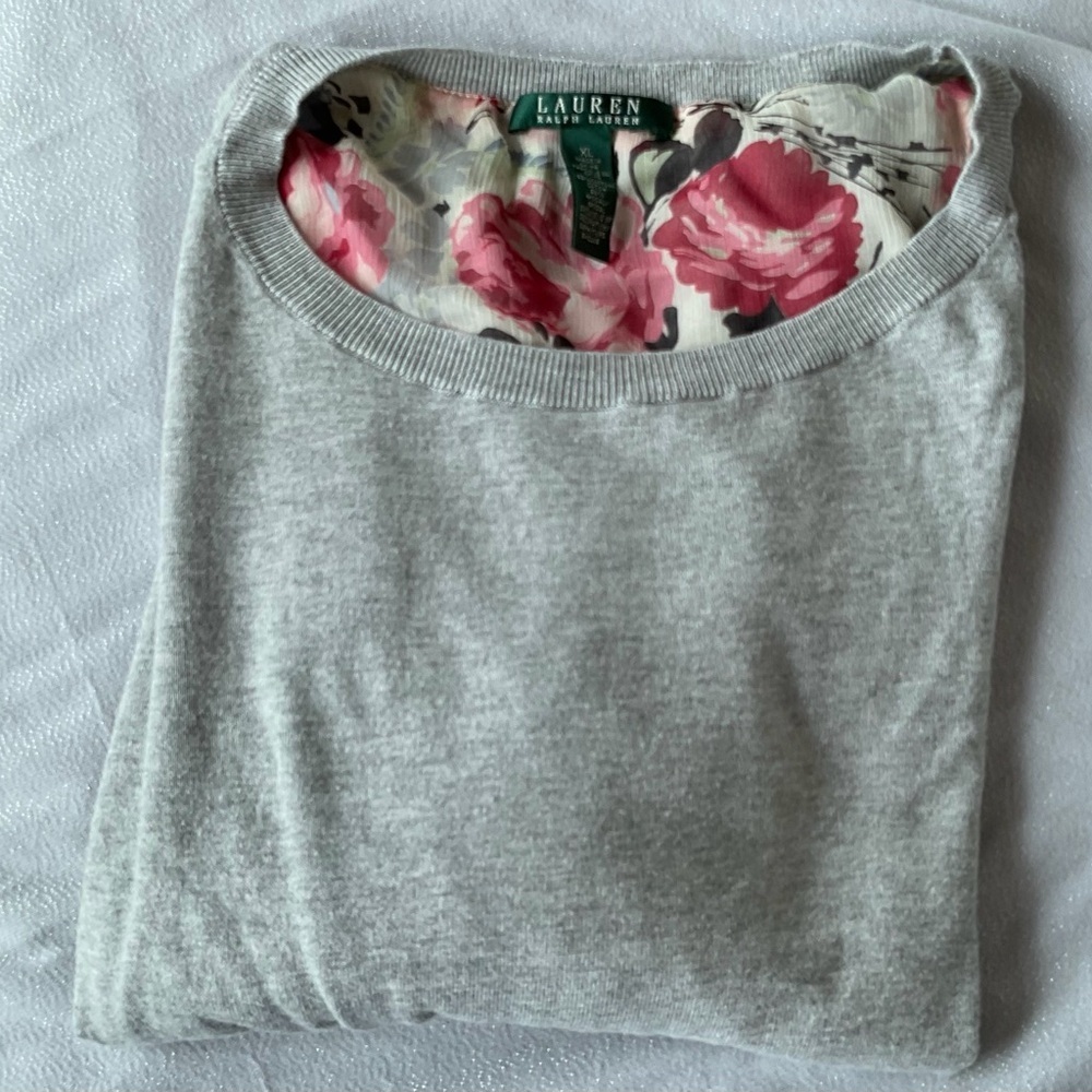 Lauren Ralph Lauren Grey Sweater Floral Chiffon Hem XL - Picture 5 of 5